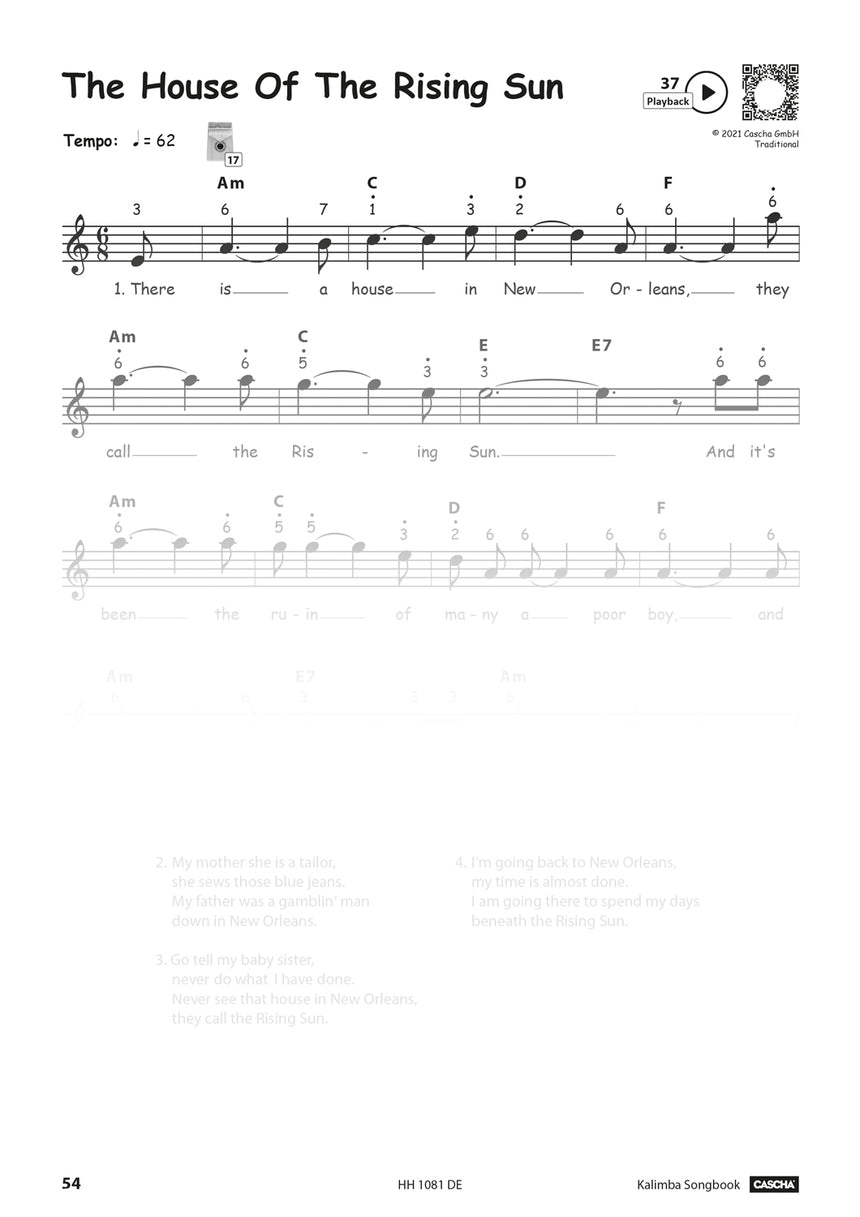 CASCHA Kalimba Songbook HH1081DE, Notenbeispiel, Seite 54