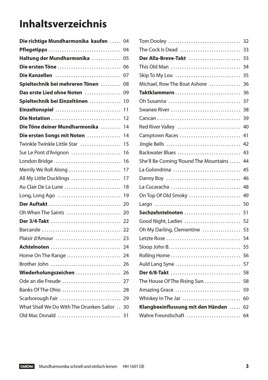 CASCHA HH1601DE harmonica method book, German edition, table of contents, page 3