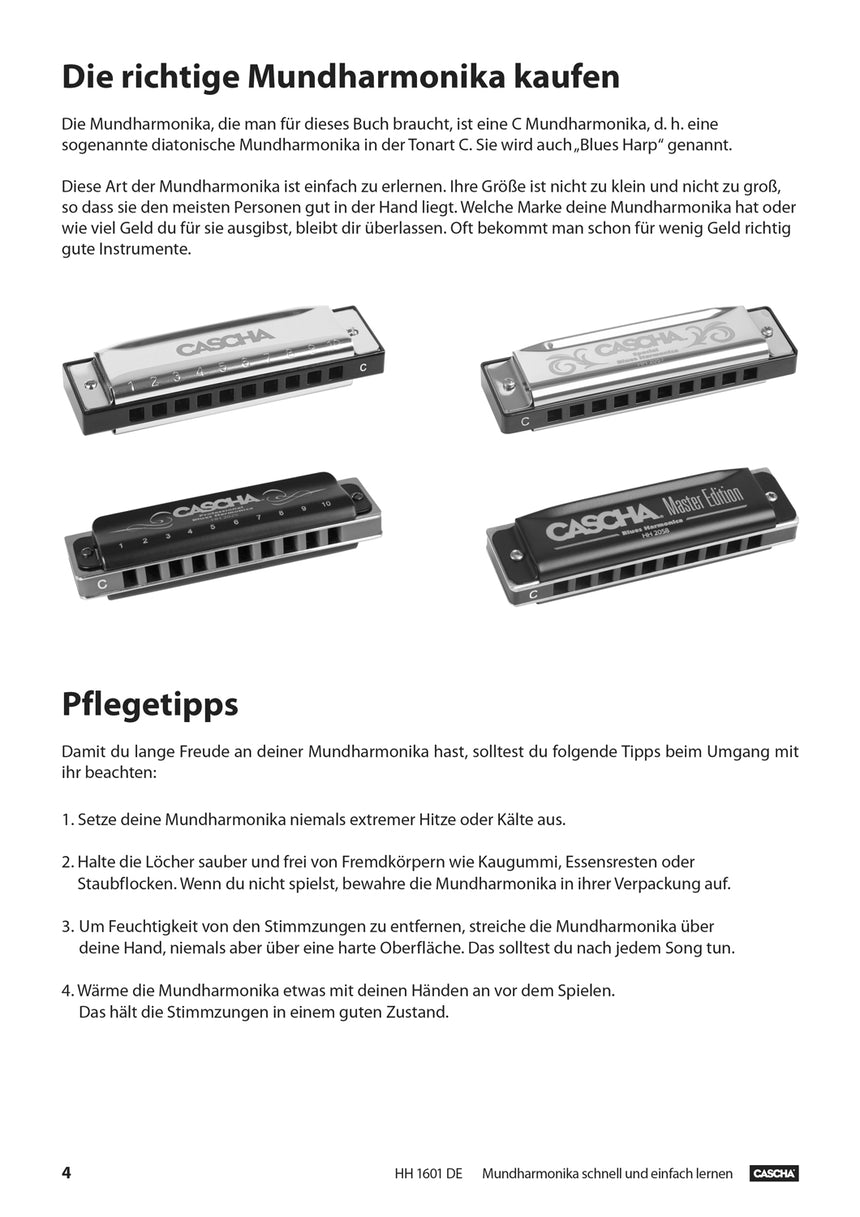 CASCHA HH1601DE harmonica method book, German edition, buying and care tips, page 4