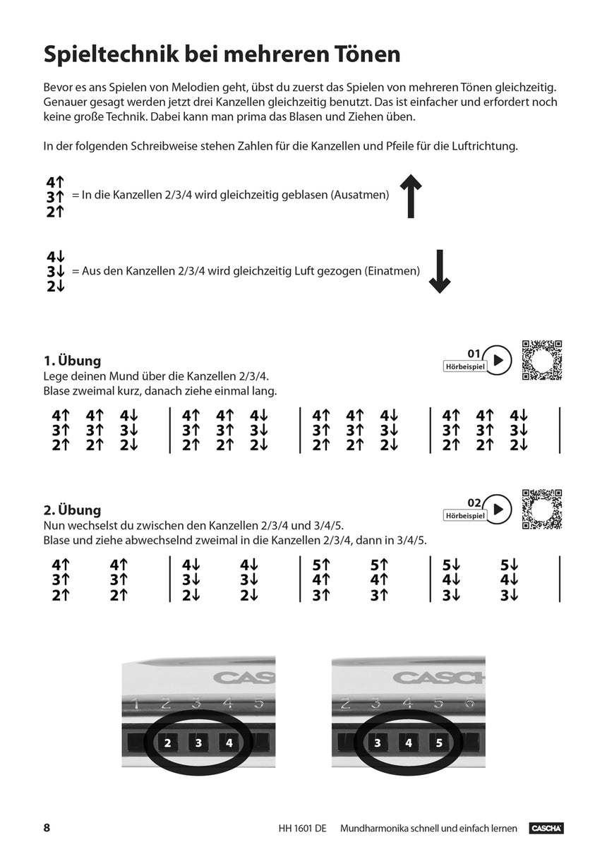CASCHA HH1601DE harmonica method book, German edition, technique for playing several notes, page 8