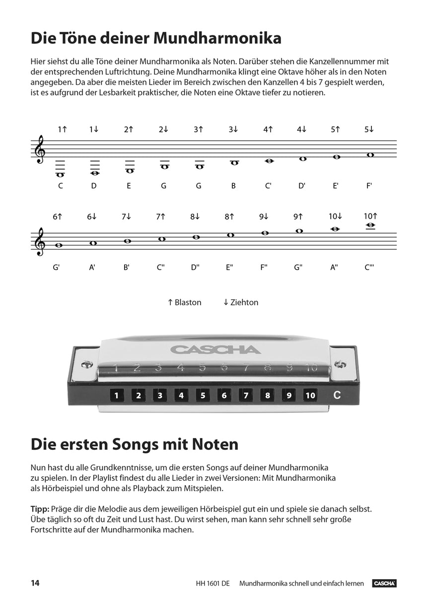 CASCHA HH1601DE harmonica method book, German edition, notes and notation, page 14