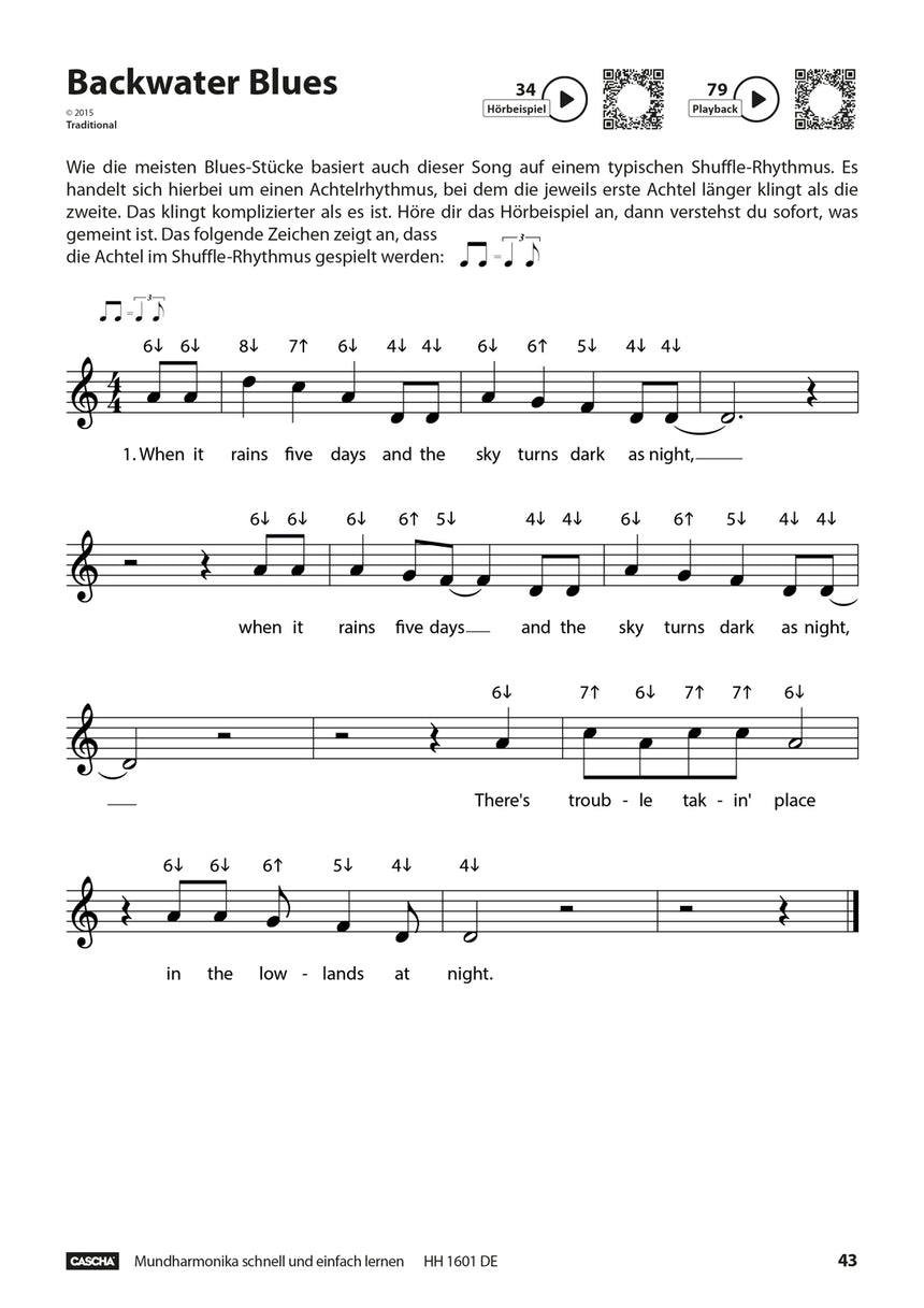 CASCHA HH1601DE harmonica method book, German edition, sheet music sample, page 43