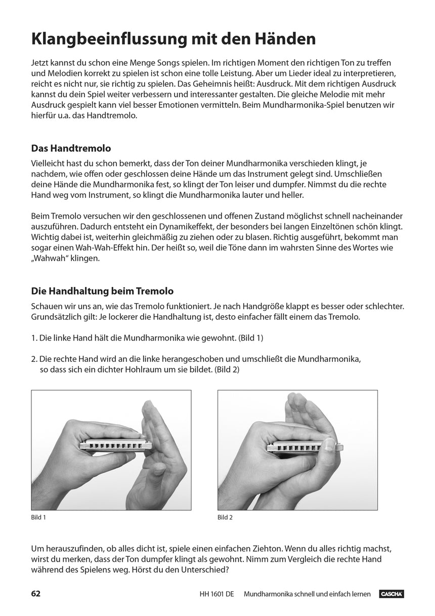 CASCHA HH1601DE harmonica method book, German edition, hand position for tremolo, page 62