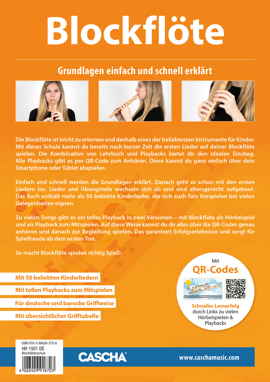 CASCHA HH1501DE recorder method book, German edition, back cover