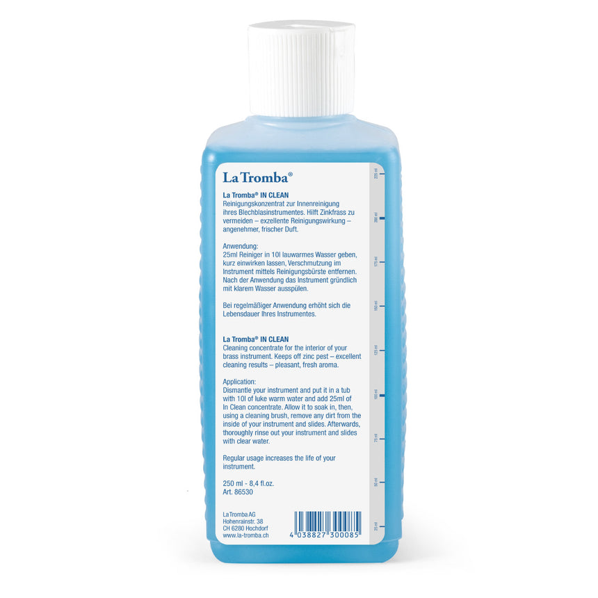 La Tromba IN CLEAN 86530, 250 ml, Rückseite mit Anwendungshinweisen und Barcode