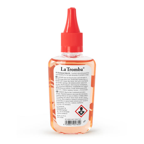 La Tromba P3 trombone slide oil, rear view of the 63 ml bottle.