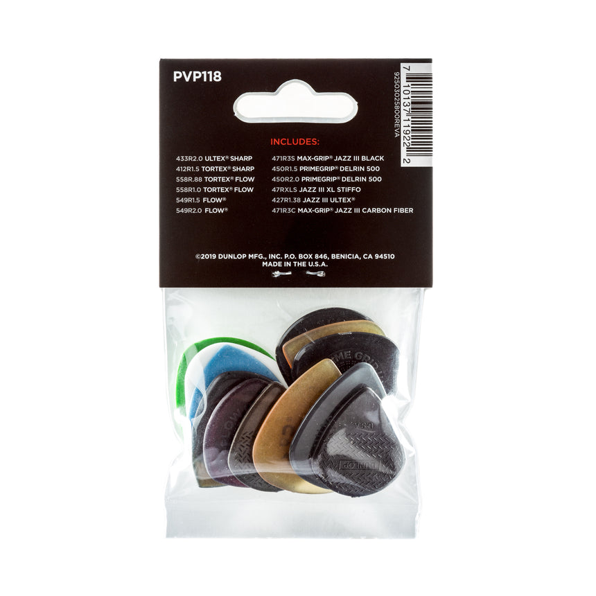 Dunlop PVP118 Shred Pick Variety Pack de 12 médiators, dos de l’emballage.