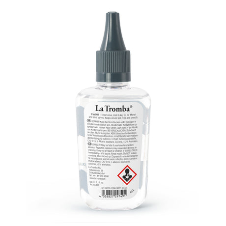 La Tromba Fast Oil valve oil, rear view of the 63 ml bottle.