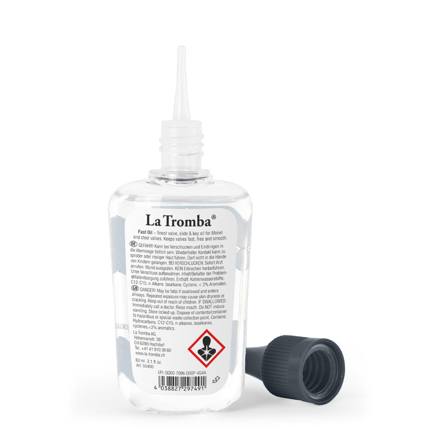 La Tromba Fast Oil valve oil, 63 ml bottle with dispensing tip uncovered.