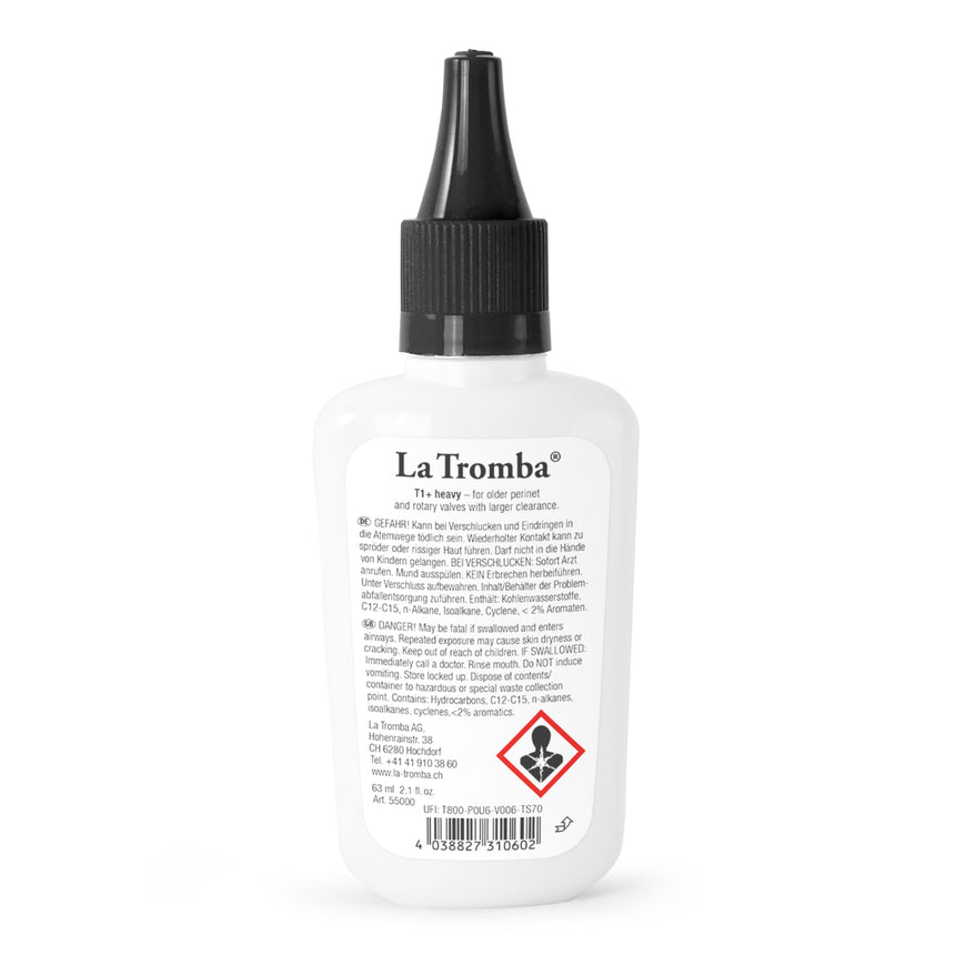 La Tromba T1+ Extra Heavy valve oil, rear view of the 63 ml bottle.