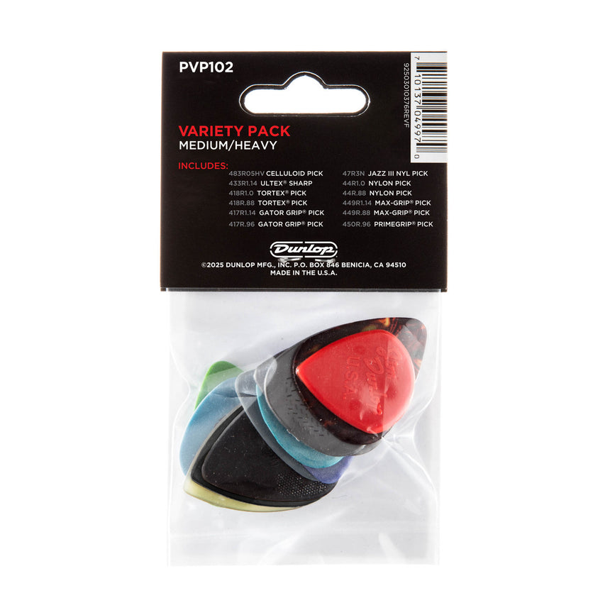 Rückseite der Dunlop PVP102 Medium/Heavy Variety-Pack-Verpackung