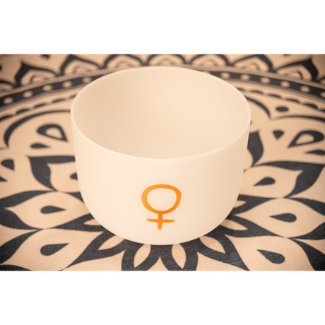Meinl Sonic Energy PCSB12V, white frosted, golden Venus symbol – singing bowl on a patterned mat