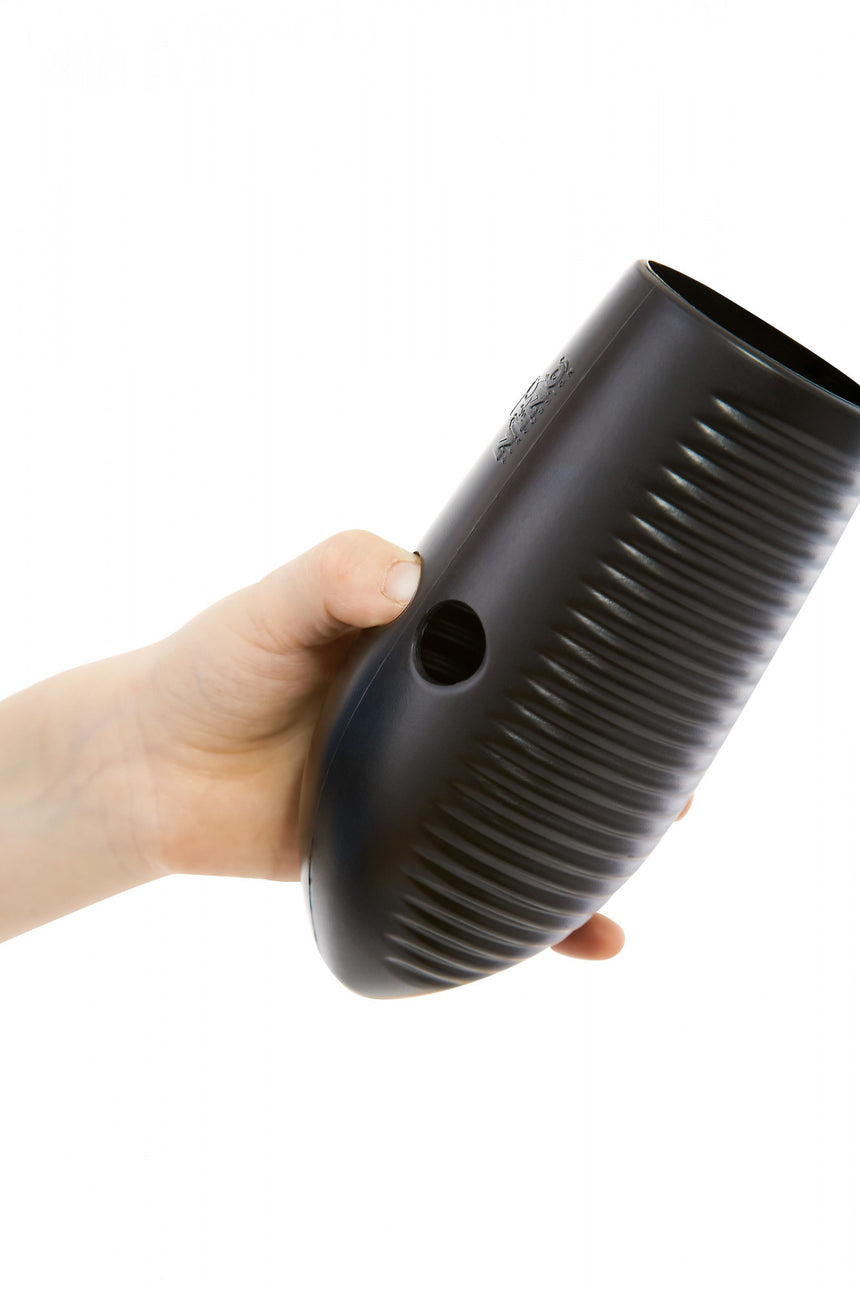 Black NINO Mini Guiro NINO581BK – ribbed playing surface held in a hand