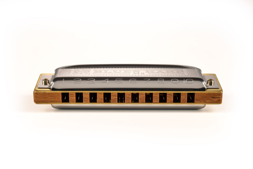 Hohner Blues Harp MS, brown wooden comb and metal covers – channel view