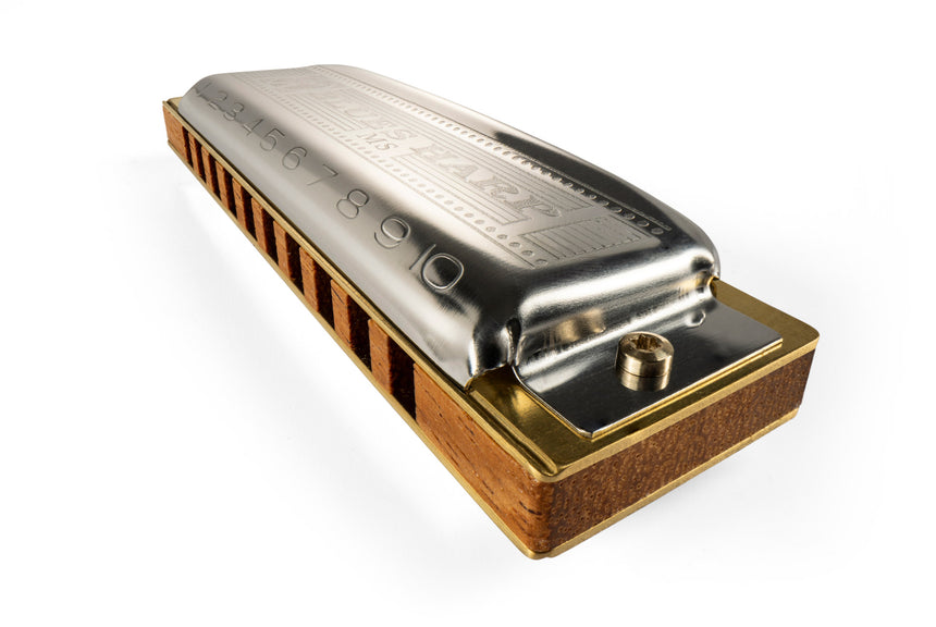 Hohner Blues Harp MS, brown wooden comb and metal covers – opposite angled view