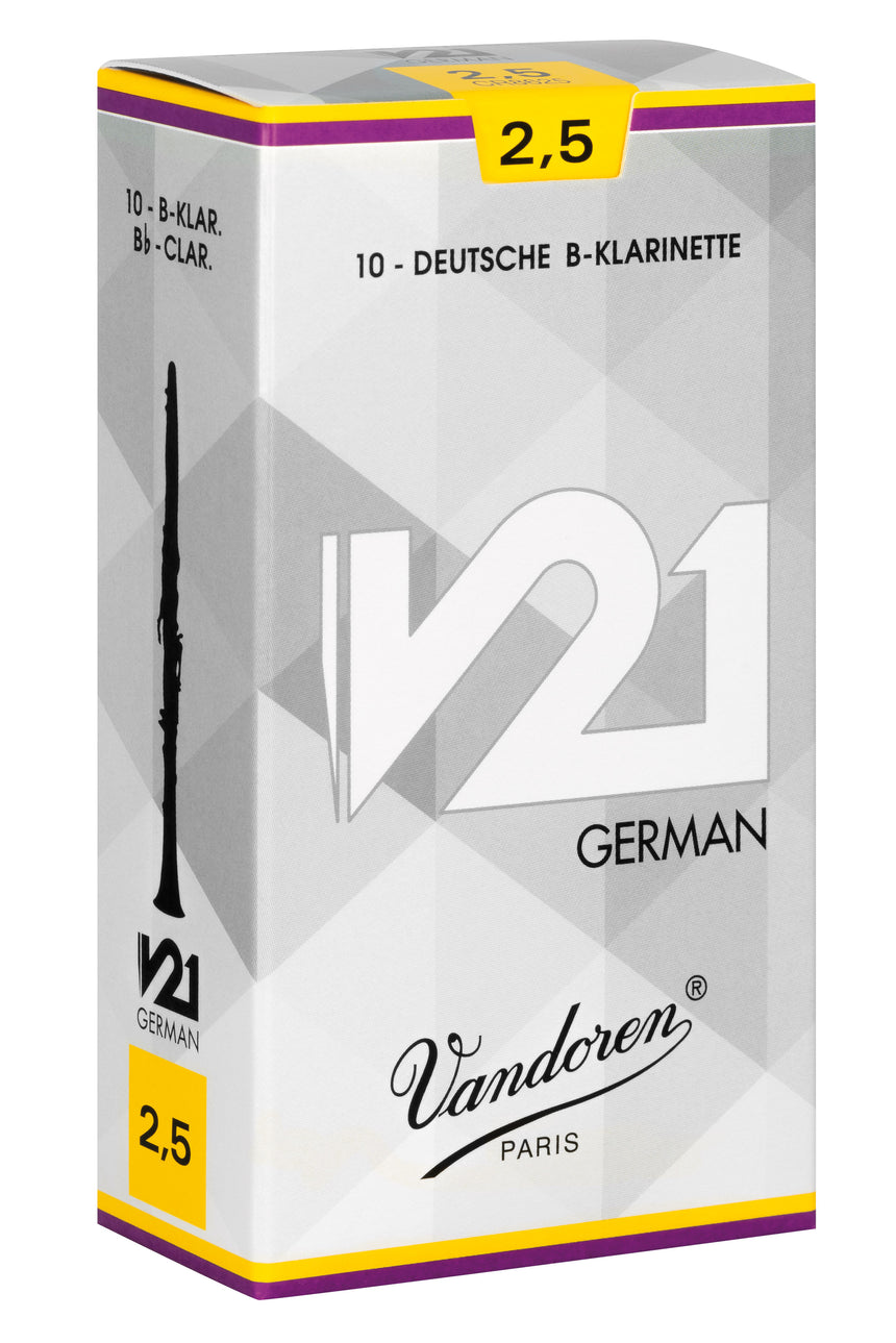 Vandoren V21 German B-flat clarinet reeds, box of 10, strength 2.5 – box view