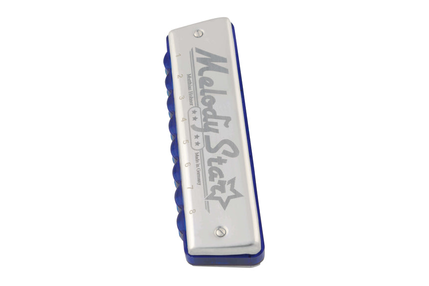 Hohner Melody Star C major harmonica, angled vertical view of blue body and silver cover plates