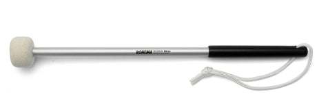 Rohema BM206 61206 marching bass drum mallet with a hard white felt head, aluminum shaft and black plastic handle, side view.
