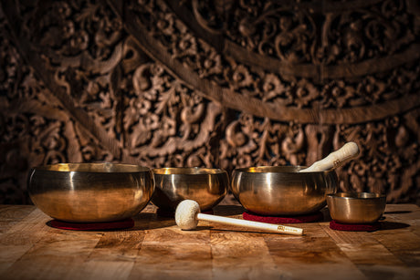 MEINL SB-M-LT-S singing bowl mallet beside singing bowls