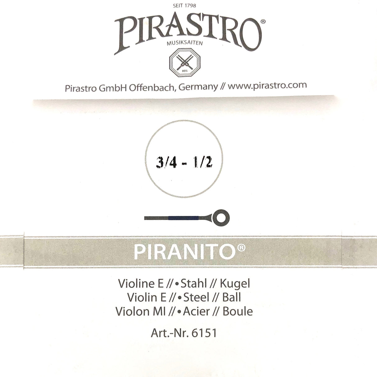 Pirastro Piranito Violin Einzelsaite E mit Kugel 3/4-1/2 - Musik-Ebert Gmbh